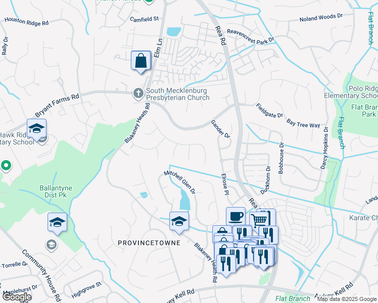 map of restaurants, bars, coffee shops, grocery stores, and more near 11725 Buckstone Ln in Charlotte