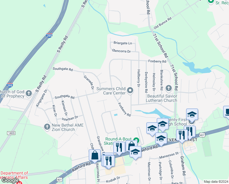 map of restaurants, bars, coffee shops, grocery stores, and more near 6679 Foxberry Road in Fayetteville