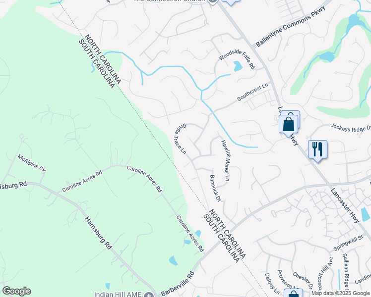 map of restaurants, bars, coffee shops, grocery stores, and more near 14811 Bridle Trace Lane in Pineville