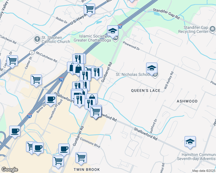 map of restaurants, bars, coffee shops, grocery stores, and more near 7425 Summertown Court in Chattanooga