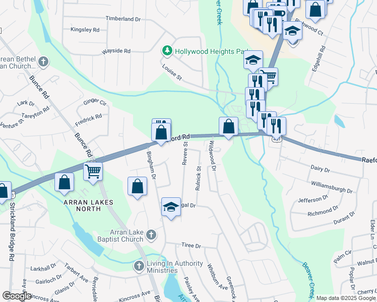 map of restaurants, bars, coffee shops, grocery stores, and more near 1015 Revere Street in Fayetteville