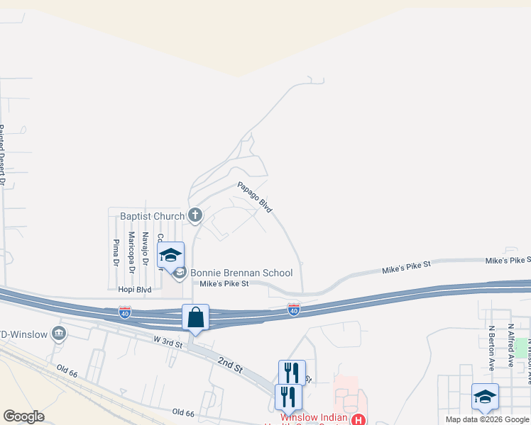 map of restaurants, bars, coffee shops, grocery stores, and more near 209 Papago Boulevard in Winslow