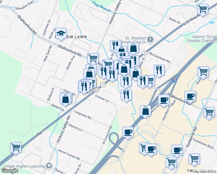 map of restaurants, bars, coffee shops, grocery stores, and more near 6906 Park Drive in Chattanooga