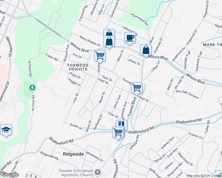 map of restaurants, bars, coffee shops, grocery stores, and more near 1110 Rockway Drive in Chattanooga