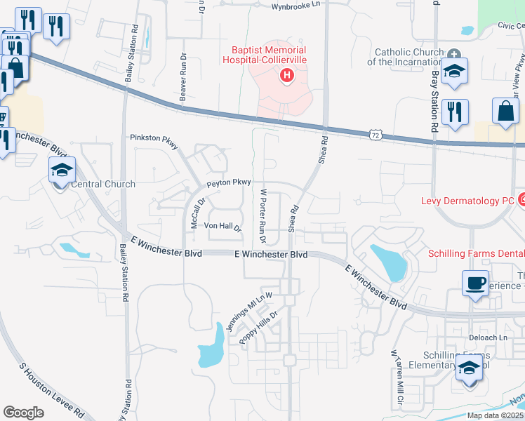 map of restaurants, bars, coffee shops, grocery stores, and more near 148 West Porter Run Drive in Collierville