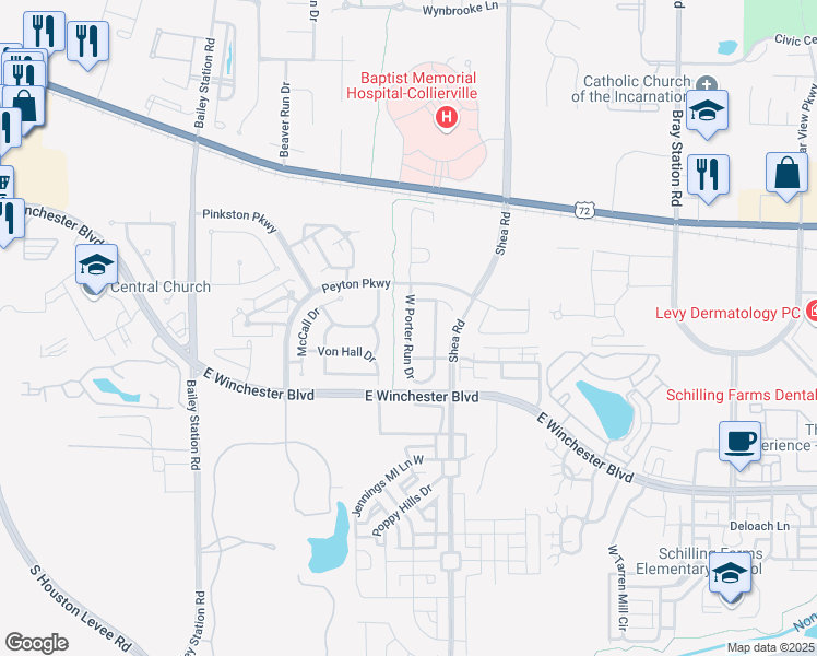 map of restaurants, bars, coffee shops, grocery stores, and more near West Porter Run Drive in Collierville