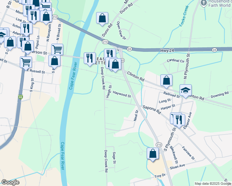 map of restaurants, bars, coffee shops, grocery stores, and more near 1331 Haywood Street in Fayetteville