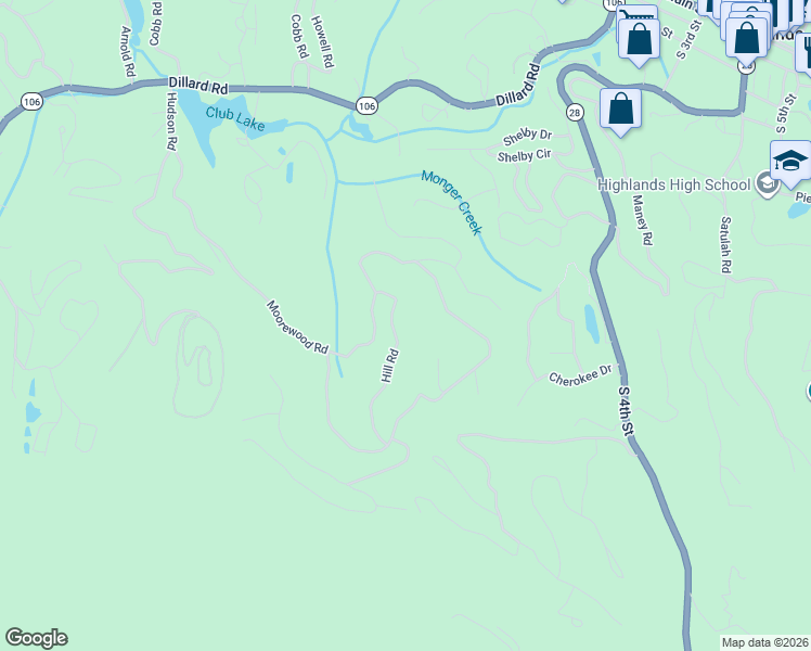 map of restaurants, bars, coffee shops, grocery stores, and more near 96 Hill Road in Highlands