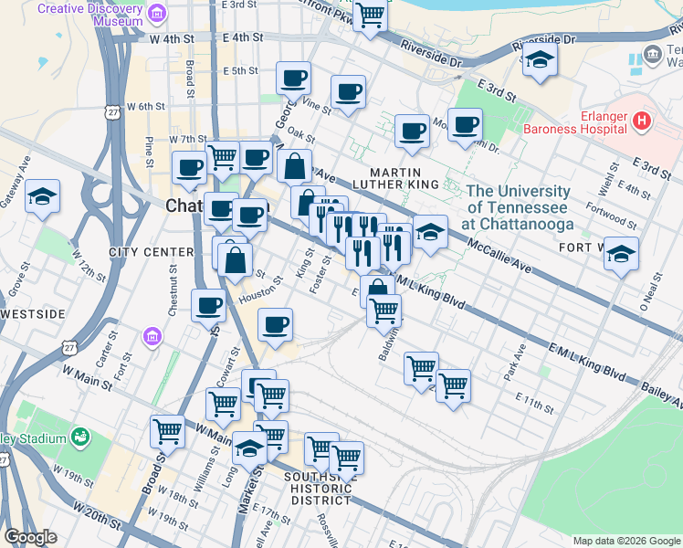 map of restaurants, bars, coffee shops, grocery stores, and more near 351 East 10th Street in Chattanooga