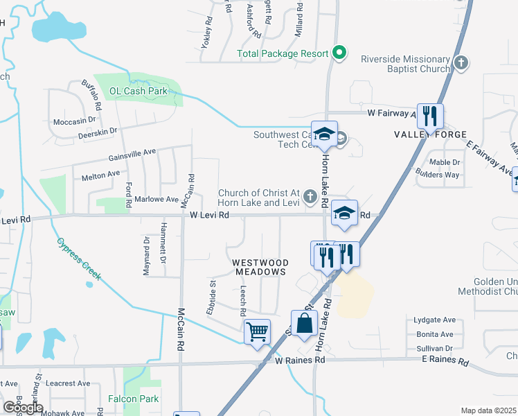 map of restaurants, bars, coffee shops, grocery stores, and more near 280 W Levi Rd in Memphis