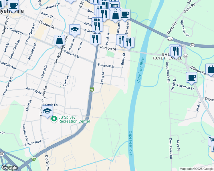 map of restaurants, bars, coffee shops, grocery stores, and more near 804 Locust Street in Fayetteville