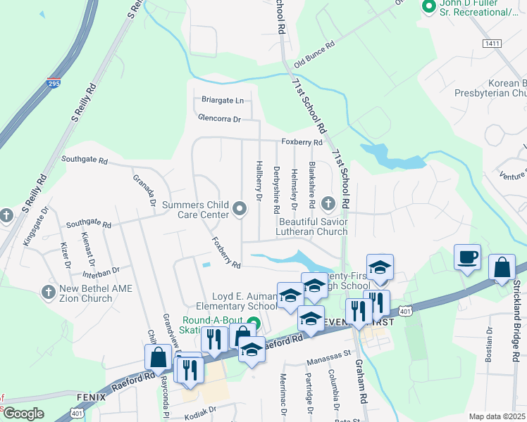 map of restaurants, bars, coffee shops, grocery stores, and more near 1179 Hallberry Drive in Fayetteville