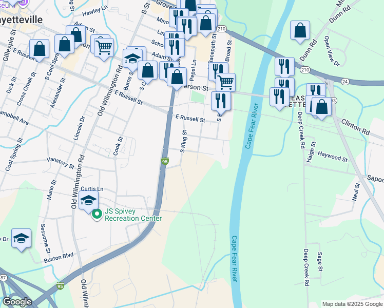 map of restaurants, bars, coffee shops, grocery stores, and more near 804 Locust Street in Fayetteville