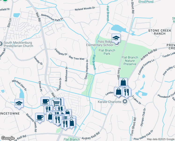 map of restaurants, bars, coffee shops, grocery stores, and more near 8706 Darcy Hopkins Dr in Charlotte