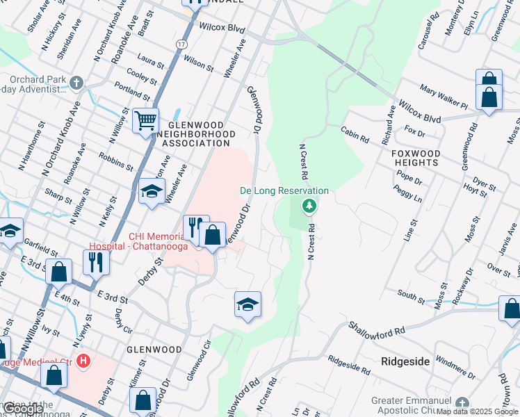 map of restaurants, bars, coffee shops, grocery stores, and more near 2709 Citico Avenue in Chattanooga