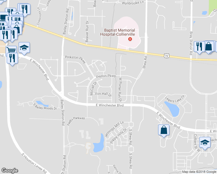 map of restaurants, bars, coffee shops, grocery stores, and more near 1672 Forsythe Trail in Collierville