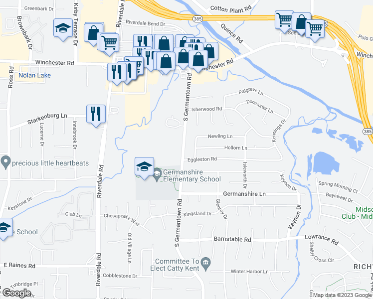 map of restaurants, bars, coffee shops, grocery stores, and more near 3860 South Germantown Road in Memphis