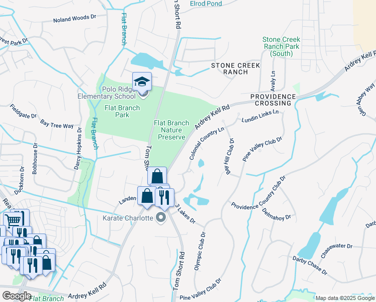 map of restaurants, bars, coffee shops, grocery stores, and more near 11326 Colonial Country Ln in Charlotte