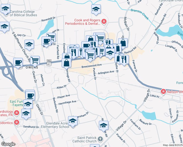 map of restaurants, bars, coffee shops, grocery stores, and more near 1540 Purdue Drive in Fayetteville