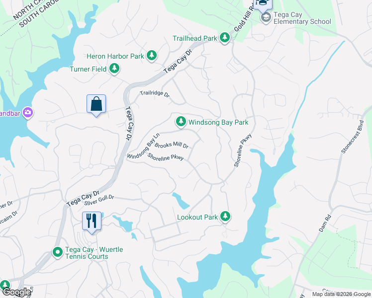 map of restaurants, bars, coffee shops, grocery stores, and more near 882 Brooks Mill Drive in Tega Cay