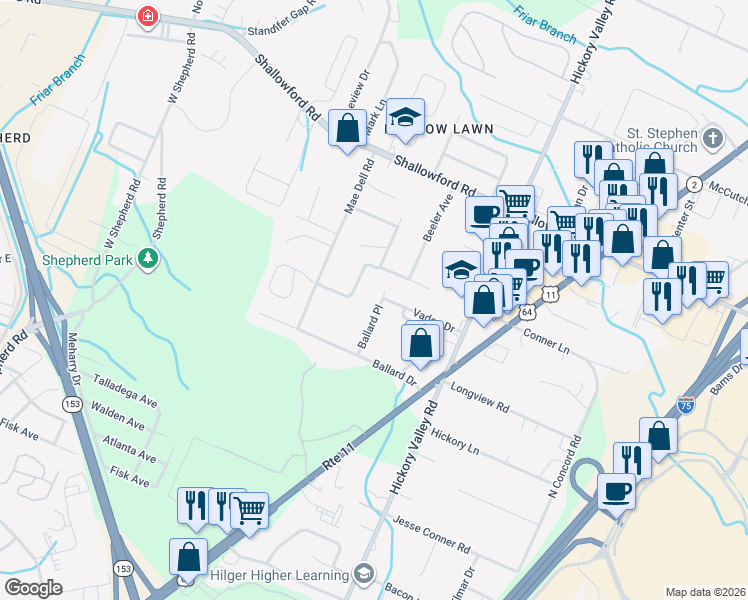 map of restaurants, bars, coffee shops, grocery stores, and more near 6622 Gary Lane in Chattanooga
