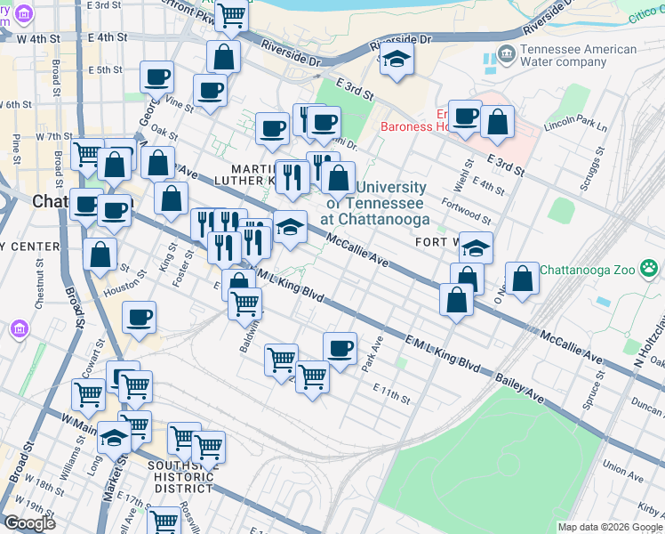 map of restaurants, bars, coffee shops, grocery stores, and more near 829 Flynn Street in Chattanooga