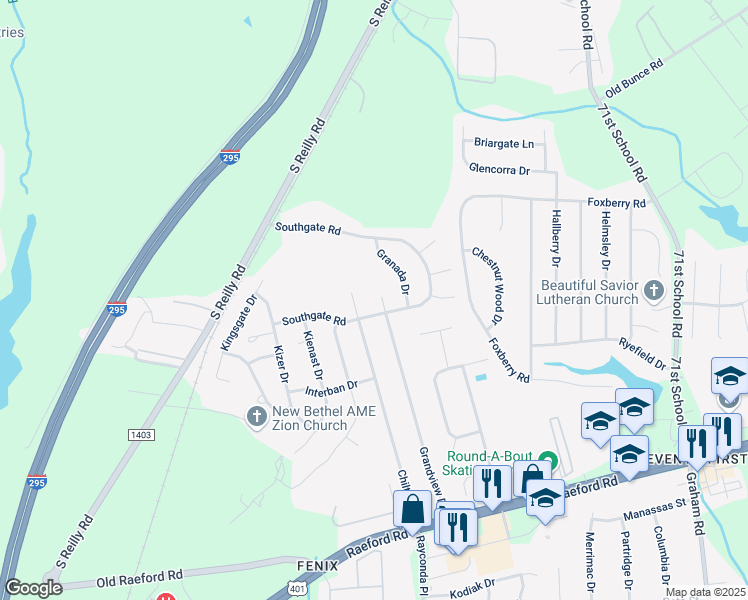 map of restaurants, bars, coffee shops, grocery stores, and more near 1422 Grandview Drive in Fayetteville