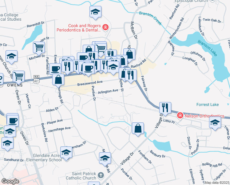 map of restaurants, bars, coffee shops, grocery stores, and more near 2715 Arlington Avenue in Fayetteville