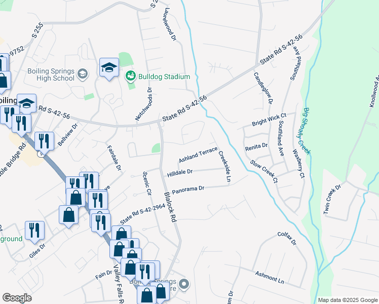 map of restaurants, bars, coffee shops, grocery stores, and more near 107 Ashland Terrace in Boiling Springs
