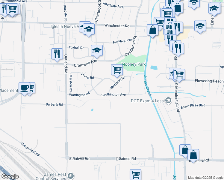 map of restaurants, bars, coffee shops, grocery stores, and more near 4983 Simsbury Drive in Memphis