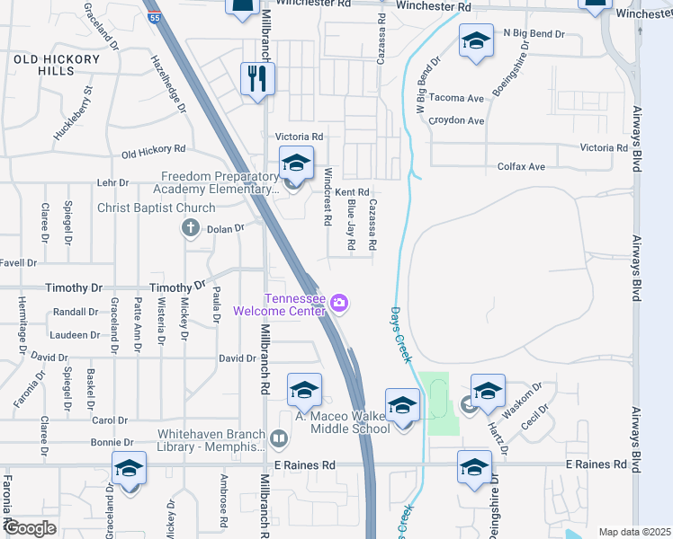 map of restaurants, bars, coffee shops, grocery stores, and more near 3868 Windcrest Road in Memphis