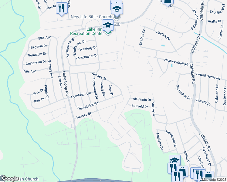 map of restaurants, bars, coffee shops, grocery stores, and more near 1921 Lass Street in Fayetteville