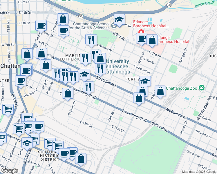 map of restaurants, bars, coffee shops, grocery stores, and more near 800 McCallie Avenue in Chattanooga