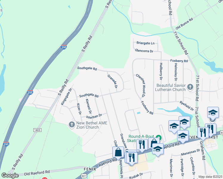 map of restaurants, bars, coffee shops, grocery stores, and more near 1423 Grandview Drive in Fayetteville
