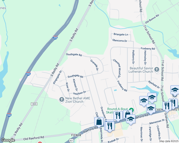map of restaurants, bars, coffee shops, grocery stores, and more near 1422 Grandview Drive in Fayetteville