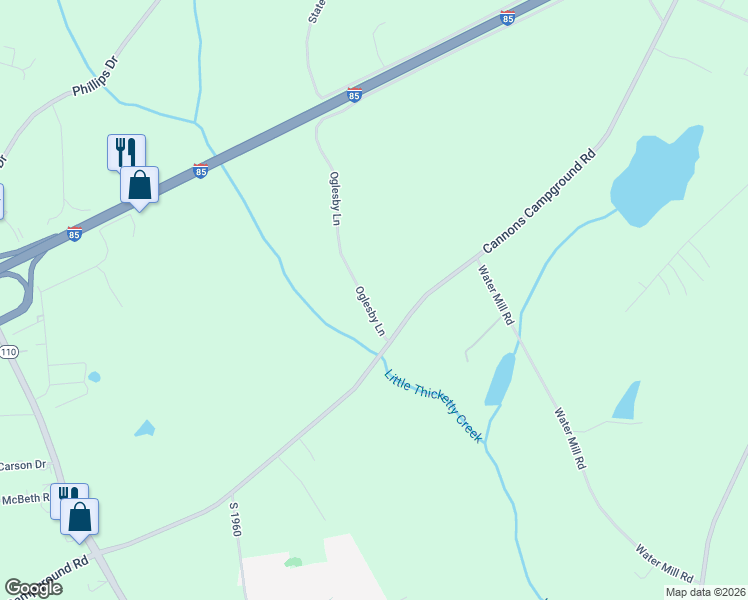 map of restaurants, bars, coffee shops, grocery stores, and more near 130 Oglesby Lane in Cowpens