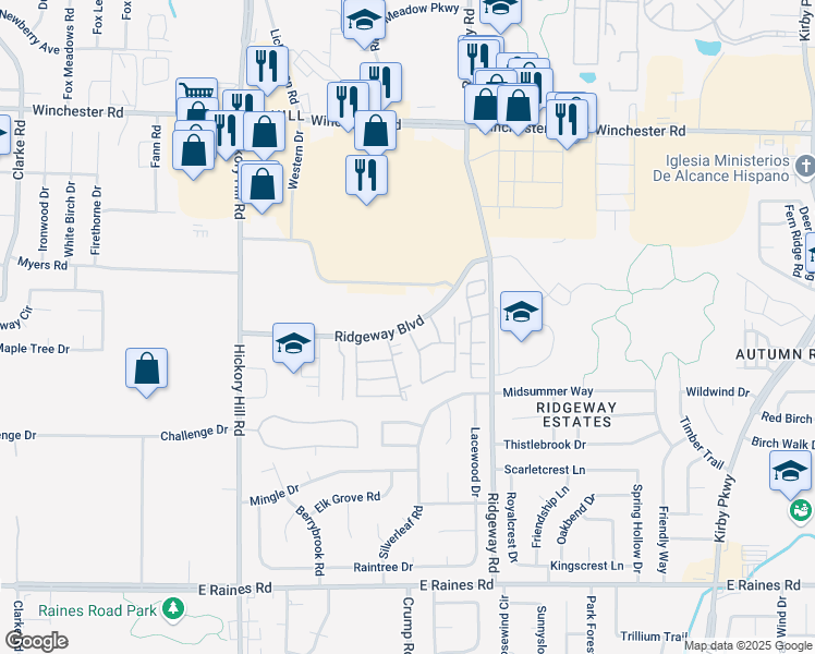 map of restaurants, bars, coffee shops, grocery stores, and more near Ridgeway Boulevard in Memphis