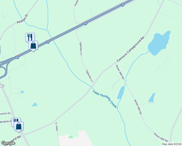 map of restaurants, bars, coffee shops, grocery stores, and more near 130 Oglesby Lane in Cowpens