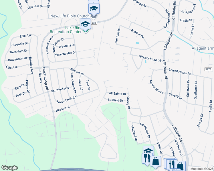 map of restaurants, bars, coffee shops, grocery stores, and more near 1517 Stackhouse Drive in Fayetteville