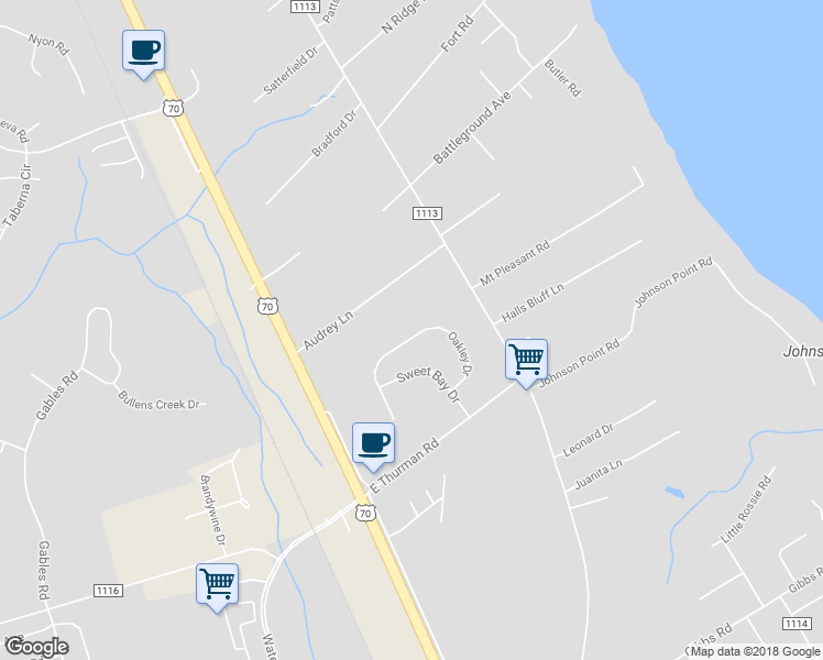 map of restaurants, bars, coffee shops, grocery stores, and more near 138 Oakley Drive in New Bern