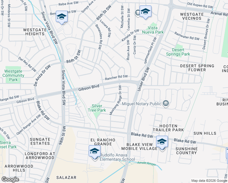 map of restaurants, bars, coffee shops, grocery stores, and more near 2100 Dry Gulch Street Southwest in Albuquerque