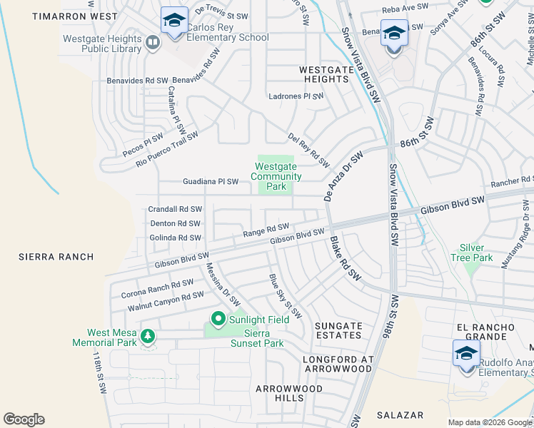 map of restaurants, bars, coffee shops, grocery stores, and more near 2116 Fence Rail Street Southwest in Albuquerque