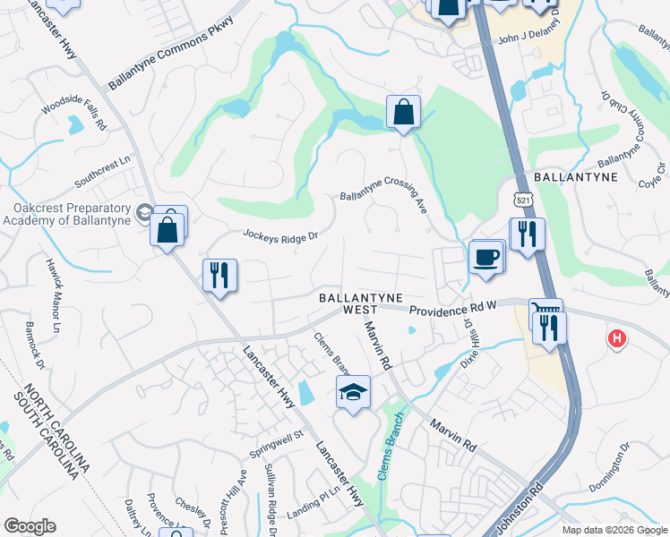 map of restaurants, bars, coffee shops, grocery stores, and more near 11716 Hawick Valley Lane in Charlotte