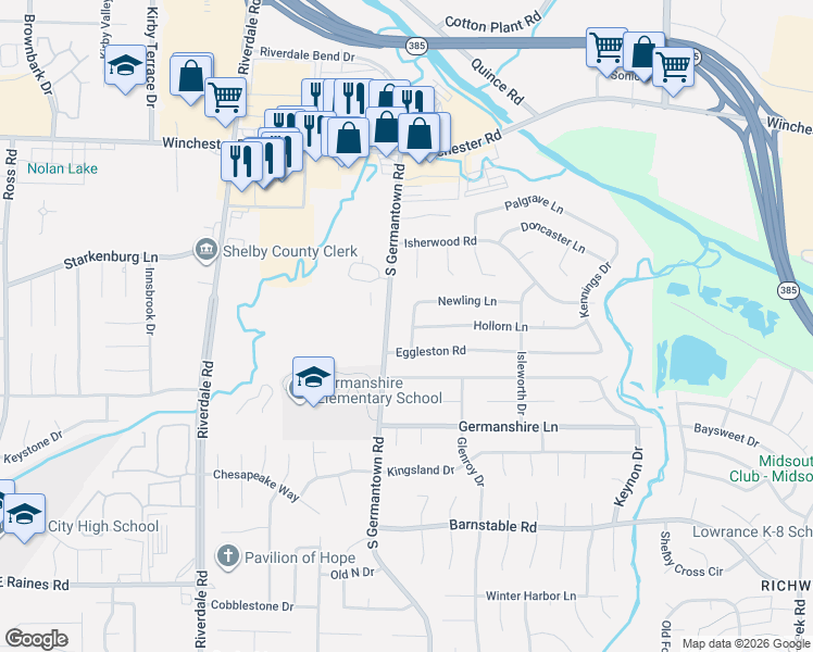 map of restaurants, bars, coffee shops, grocery stores, and more near 3865 Clemmer Drive in Memphis