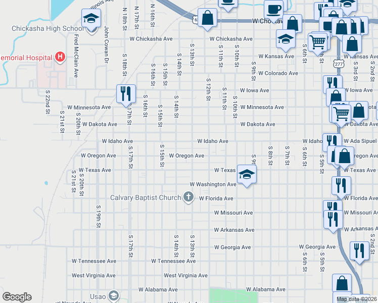 map of restaurants, bars, coffee shops, grocery stores, and more near 1320 West Oregon Avenue in Chickasha