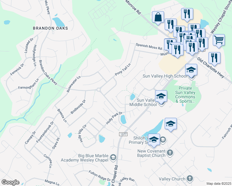 map of restaurants, bars, coffee shops, grocery stores, and more near 2241 Shumard Circle in Indian Trail