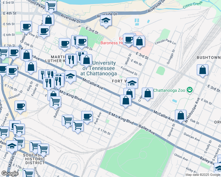 map of restaurants, bars, coffee shops, grocery stores, and more near 863 McCallie Avenue in Chattanooga