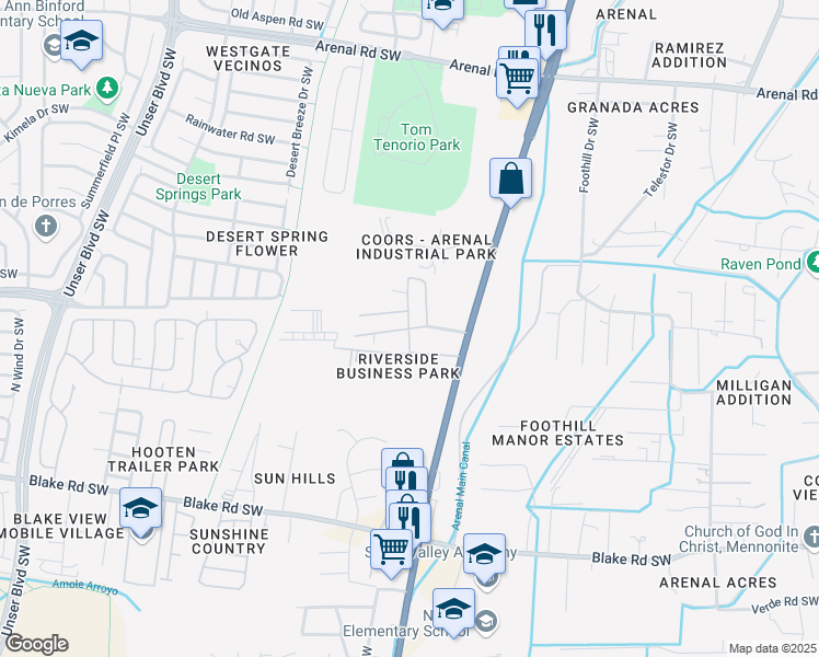 map of restaurants, bars, coffee shops, grocery stores, and more near Anthony Street Southwest in Albuquerque