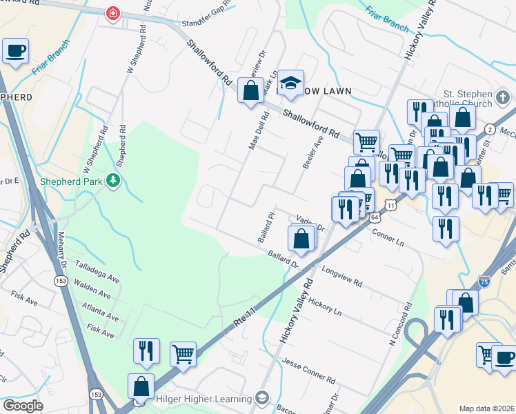map of restaurants, bars, coffee shops, grocery stores, and more near 6622 Gary Lane in Chattanooga