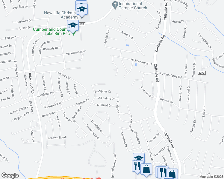 map of restaurants, bars, coffee shops, grocery stores, and more near 7739 Adolphus Drive in Fayetteville